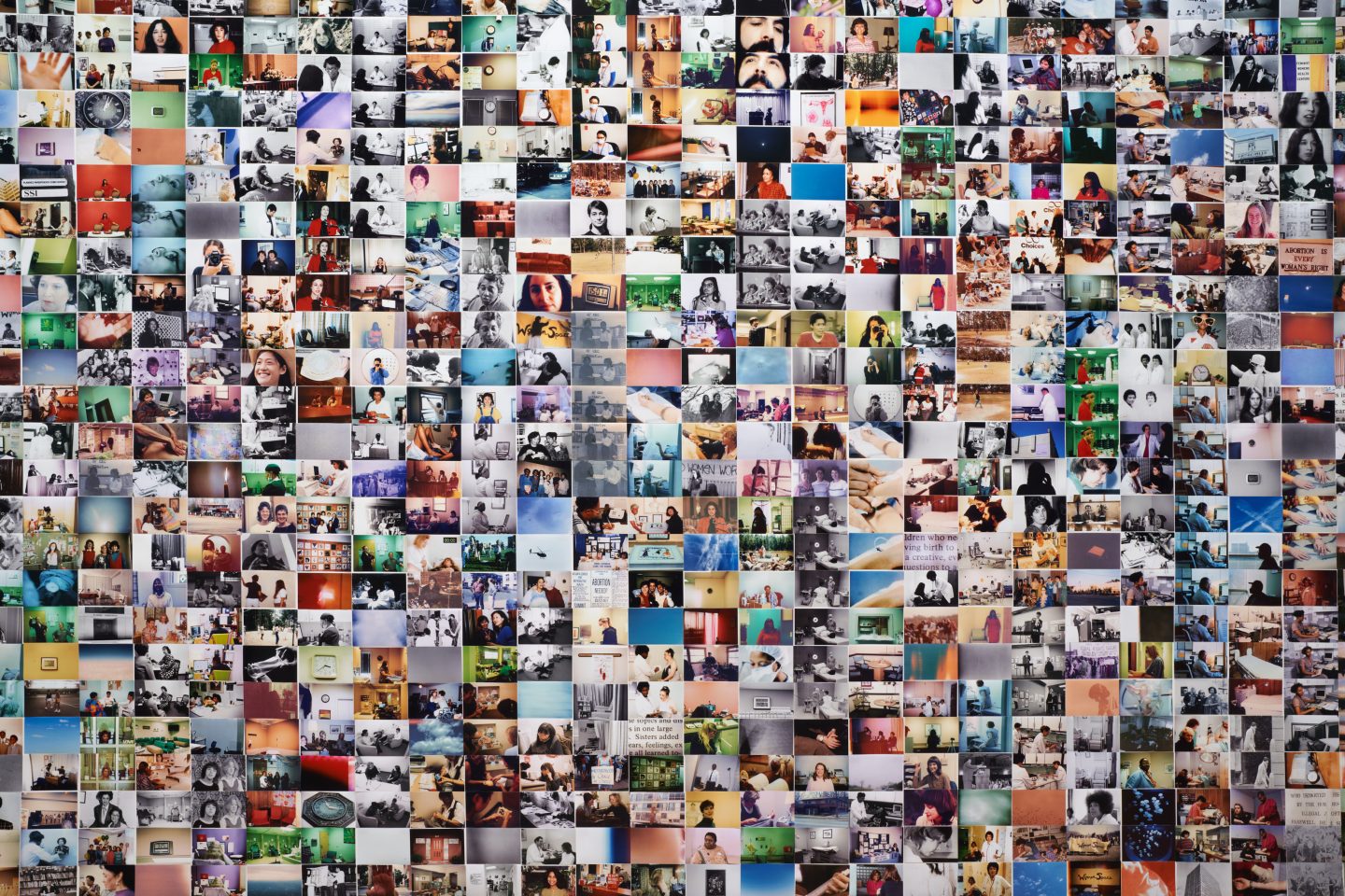 Photographic collage artwork or installation piece associated with Carmen Winant’s workshop, showing layered images and printed materials