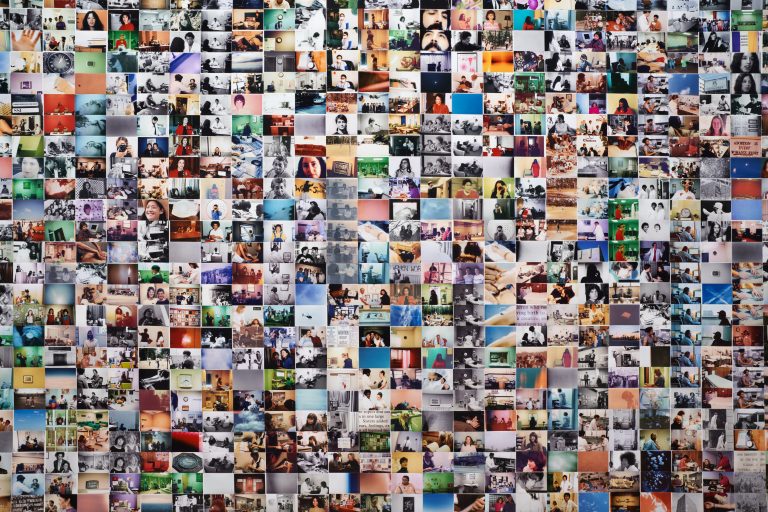 Photographic collage artwork or installation piece associated with Carmen Winant’s workshop, showing layered images and printed materials