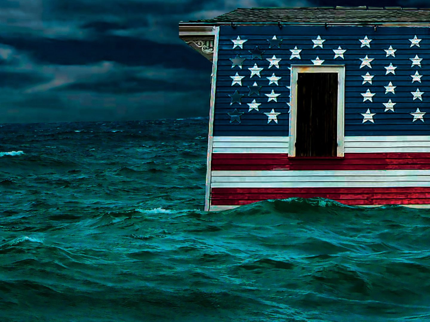 Photographic artwork of a house painted with an American flag floating in stormy waters, exploring interior domestic space and personal identity