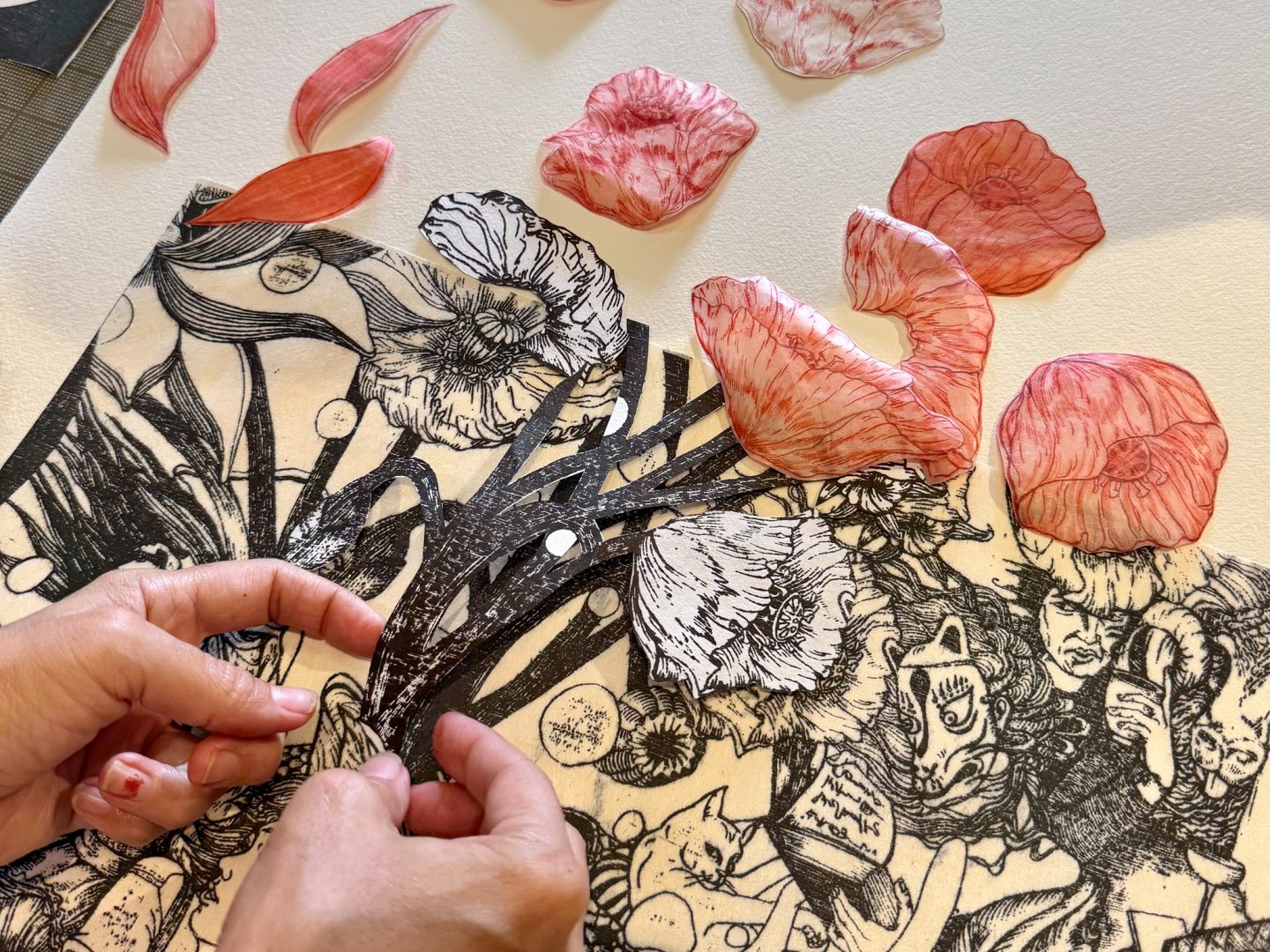 Drypoint printmaking class featuring etched line work, incised marks, and mixed media print surfaces