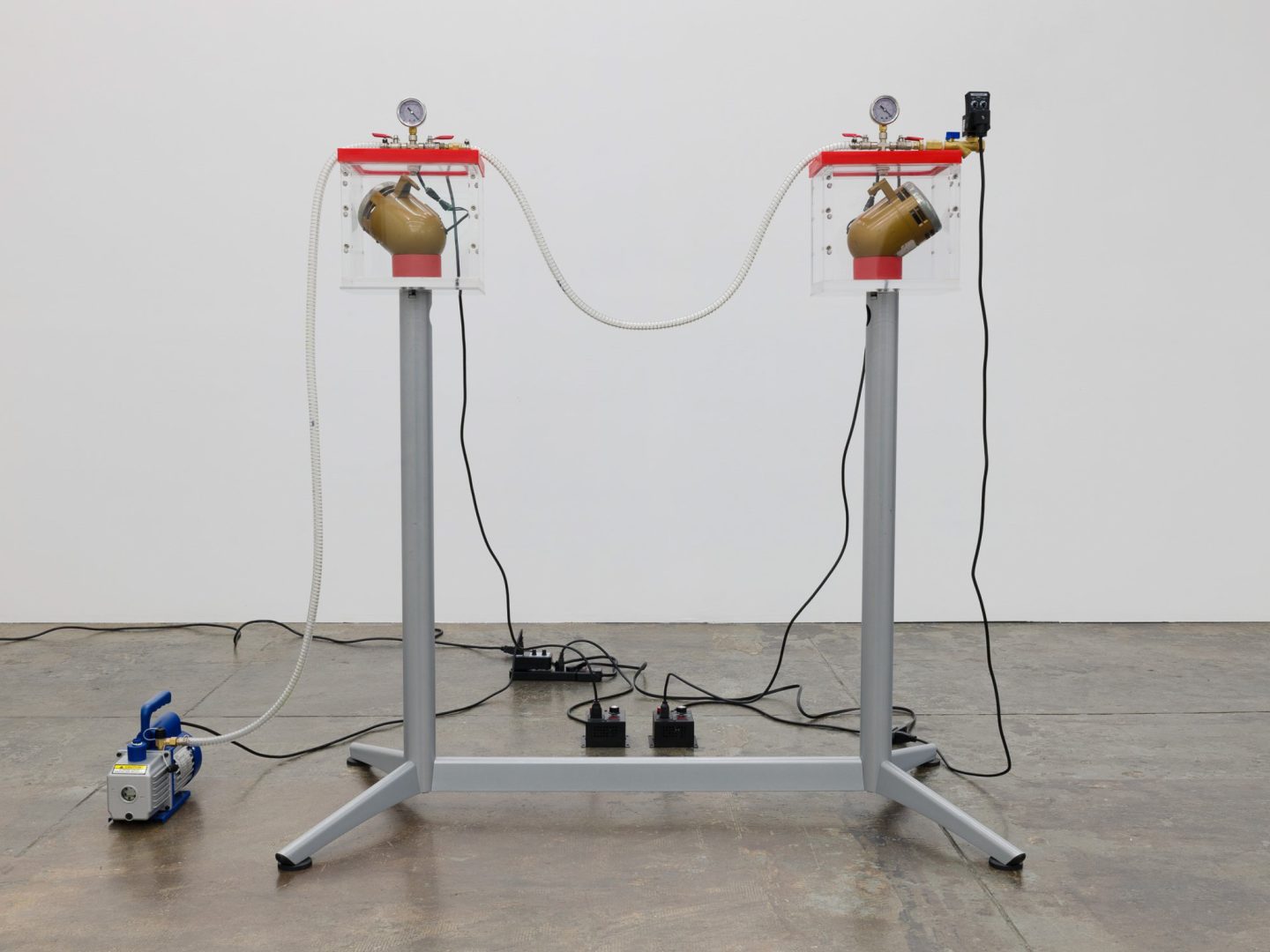 contemporary sculptural installation with mechanical components and tubing displayed against a white wall