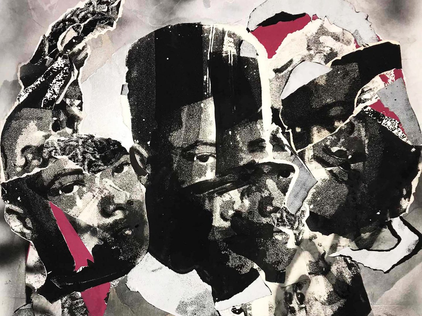 Screen print collage workshop featuring layered screen printing, collage elements, and textured mixed media prints