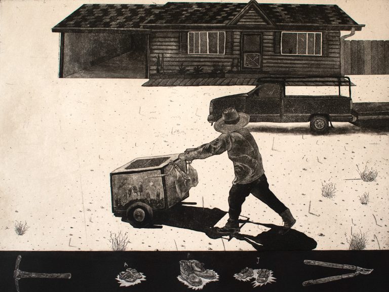 Intaglio printmaking workshop using shaped plates to create narrative sequences through etched line and tone