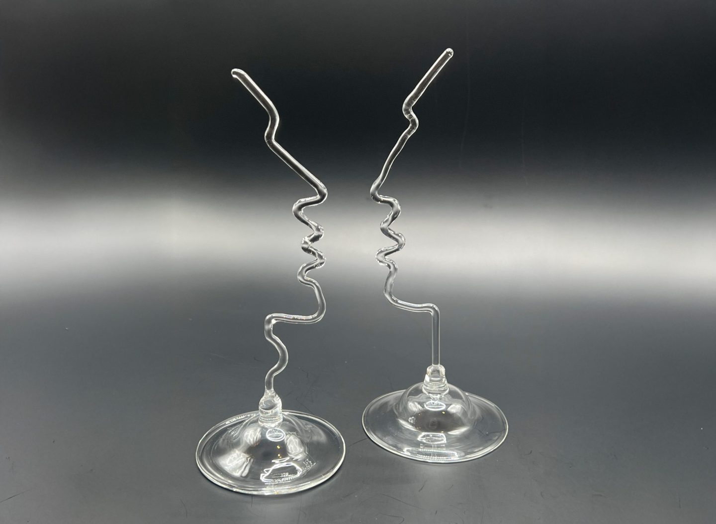 pair of borosilicate glass sculptures displayed side by side, exploring silhouette and form