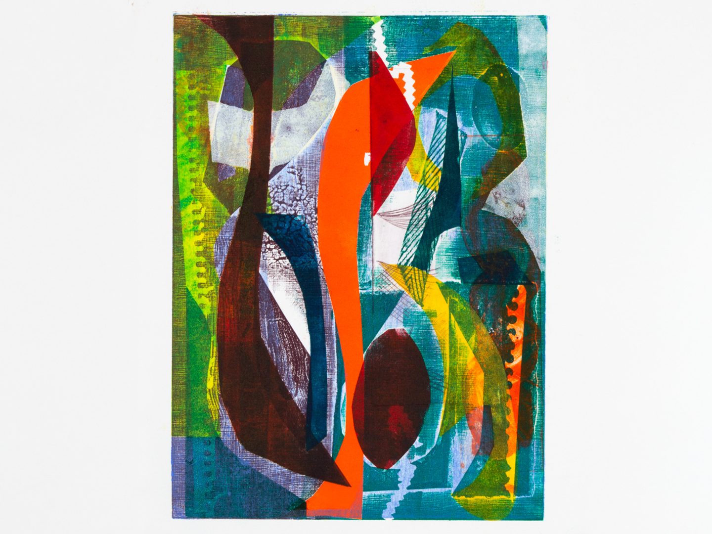 Collagraph printmaking workshop featuring stencil-based plate building and layered monoprint surfaces