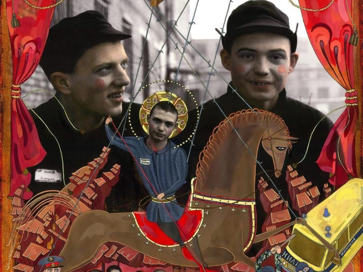 Mixed media artwork layering photographic imagery with ink and paint